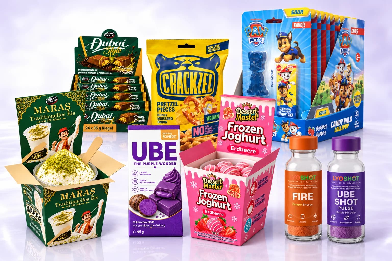 WK Sortimentsauswahl: Maraş Eis, UBE-Schokolade, Frozen Joghurt, LYOSHOT-Einzelflaschen, Crackzel, Dubai Style und Candy Pals
