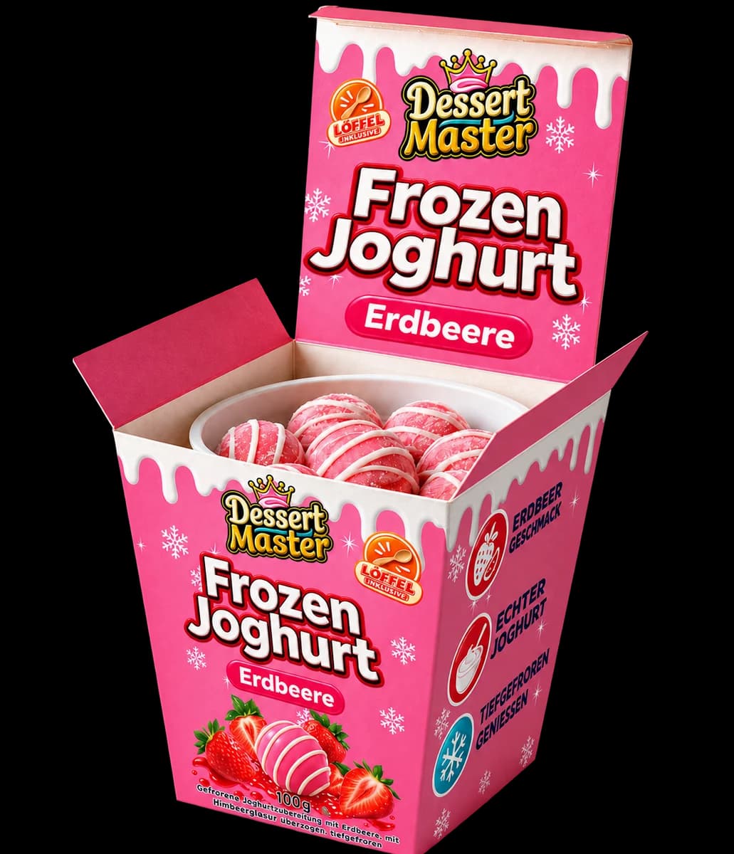 Dessert Master Frozen Joghurt Erdbeere in der geöffneten Originalverpackung