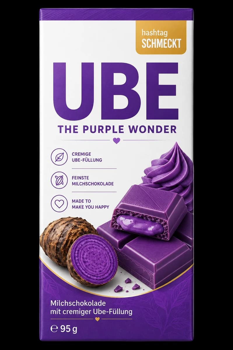 #schmeckt UBE-Schokolade in der violetten 95-g-Originalverpackung