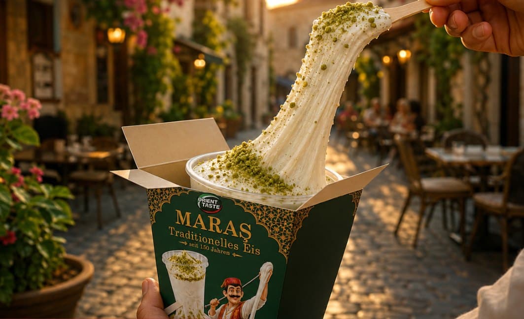 Maraş Eis in der grünen Orient-Taste-Verpackung aus dem Vertriebskatalog
