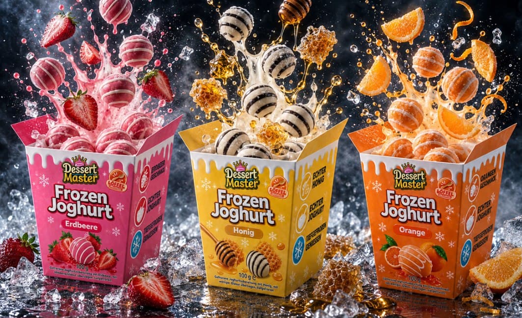 Dessert Master Frozen Joghurt in den Sorten Erdbeere, Honig und Orange