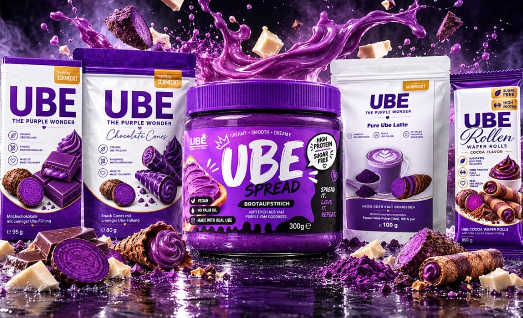 UBE Sortiment mit Schokolade, Cones, Spread, Latte und Waffelrollen