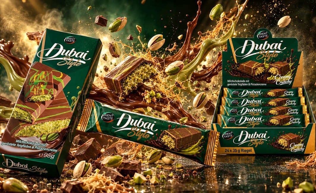 Orient Taste Dubai Style mit Schokolade, Riegel und Verkaufsdisplay